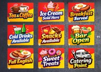 (image for) T1 catering stickers, various types.