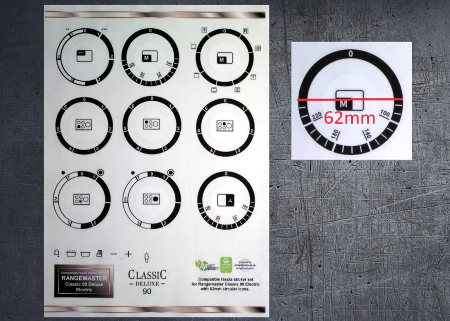 (image for) Rangemaster Classic deluxe 90 Electric compatible fascia sticker set, 62mm icons. - Click Image to Close