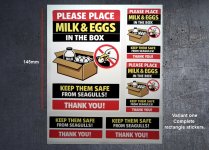 (image for) Place milk in box, selection of stickers of various sizes.