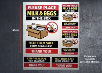 (image for) Place milk in box, selection of stickers of various sizes.
