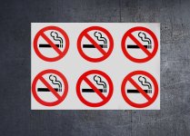 (image for) 6 x No smoking stickers for internal or external use 8.5cm diameter.