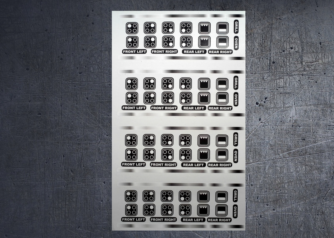 (image for) Universal 4 ring hob indicators in black with white markings, whole sheet.