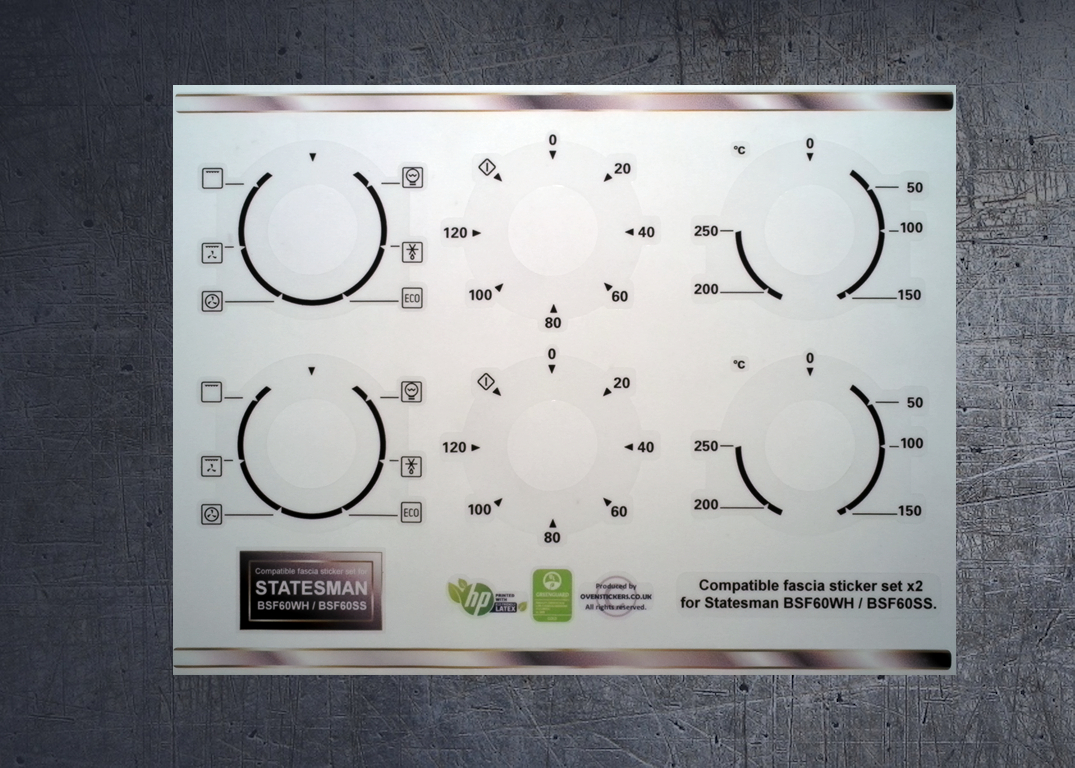 (image for) Statesman BSF60SS, BFS60WH and Cookology COF600WH Compatible fascia sticker set x2.