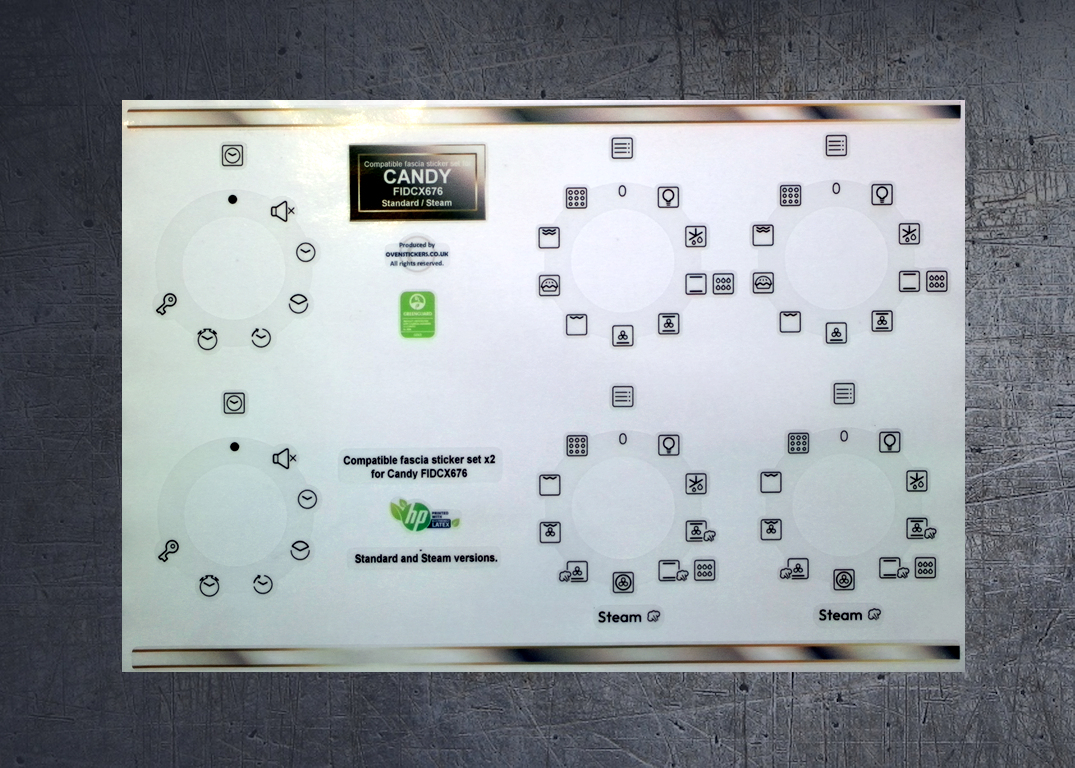 (image for) Candy FIDCX676 Compatible fascia sticker set x2, standard and steam variants.