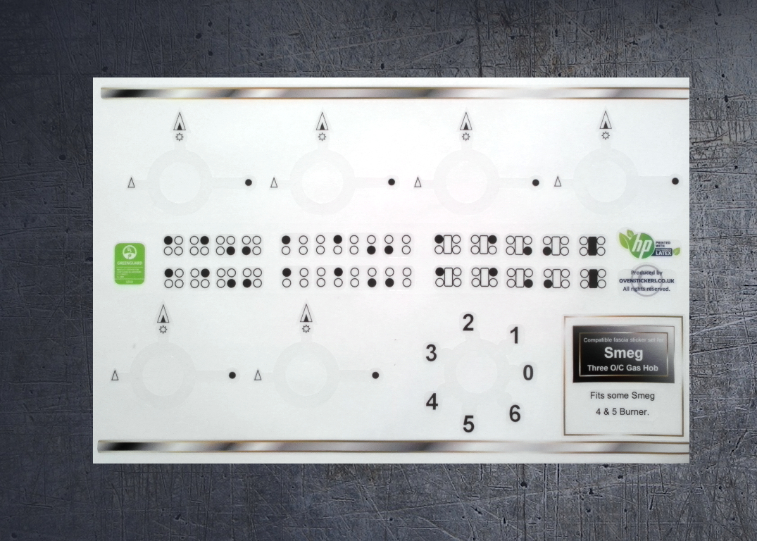 Smeg three o/clock position gas hob stickers. (image for) Smeg three o/clock position gas hob stickers.