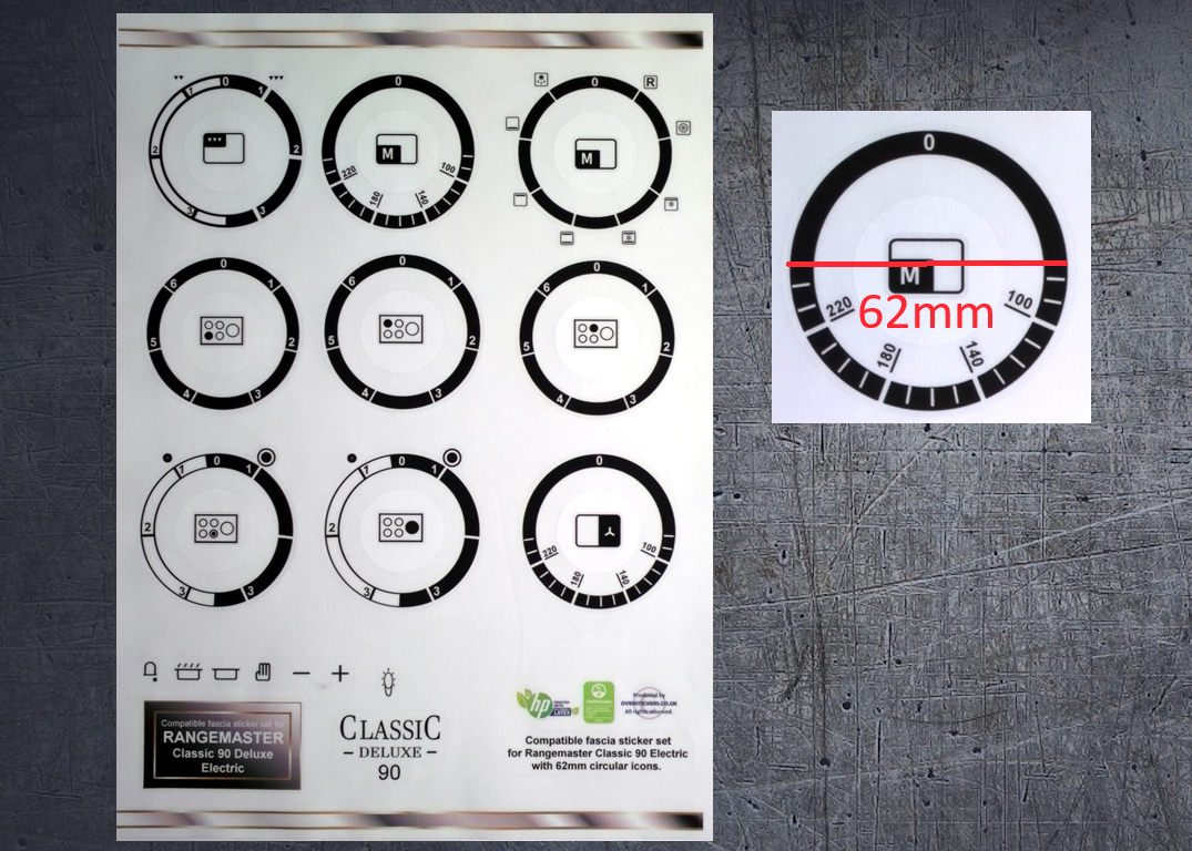 (image for) Rangemaster Classic deluxe 90 Electric compatible fascia sticker set, 62mm icons.