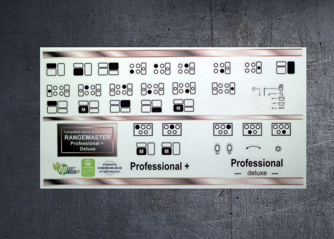 Rangemaster Professional + & deluxe compatible panel fascia sticker set. (image for) Rangemaster Professional + & deluxe compatible panel fascia sticker set.
